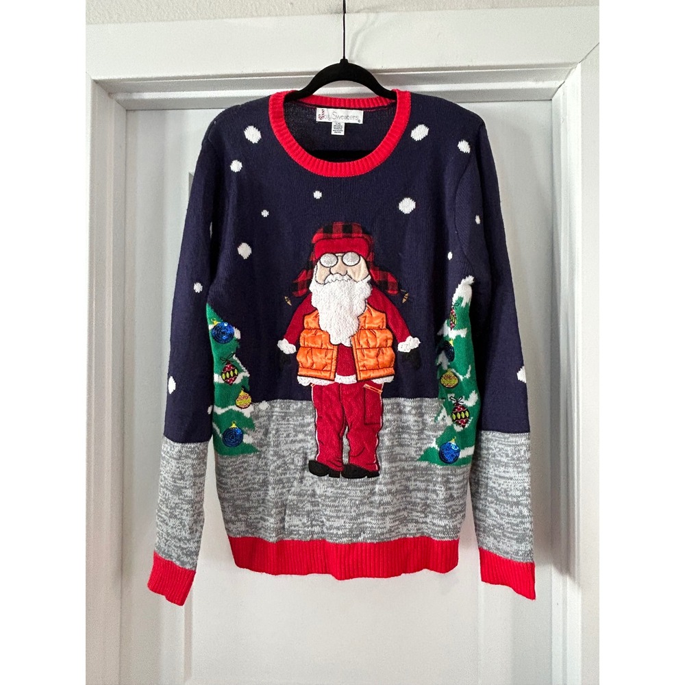 Jolly Sweaters Mens Blue Santa Puffer Vest Ugly Christmas Sweater Large 20040
